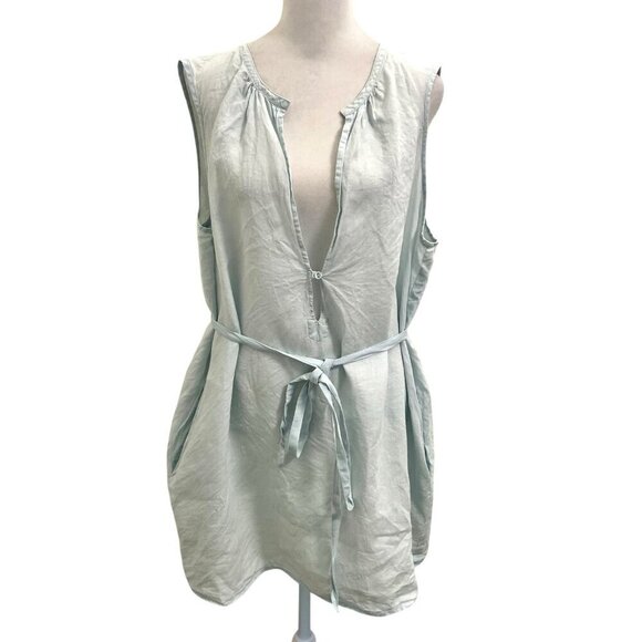 Eileen Fisher 100% Irish Linen V-Neck Belt Tunic Top Pockets Baby Blue size 1X - Picture 1 of 13